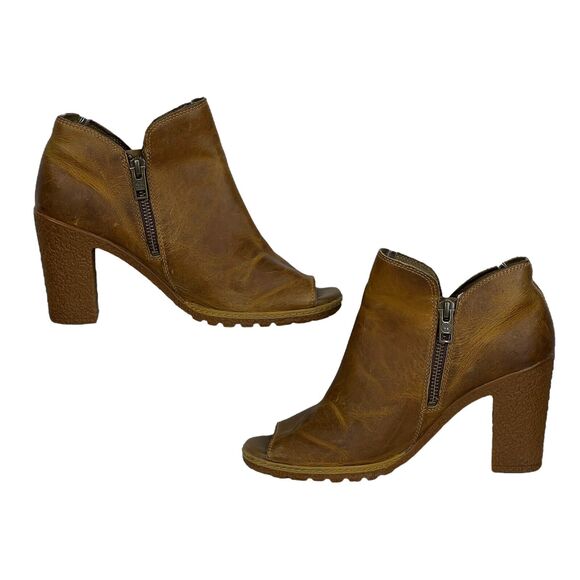Timberland Peep Toe Leather Boots Women's SZ 7.5 Heeled Booties Glance Brown Zip - Picture 4 of 7